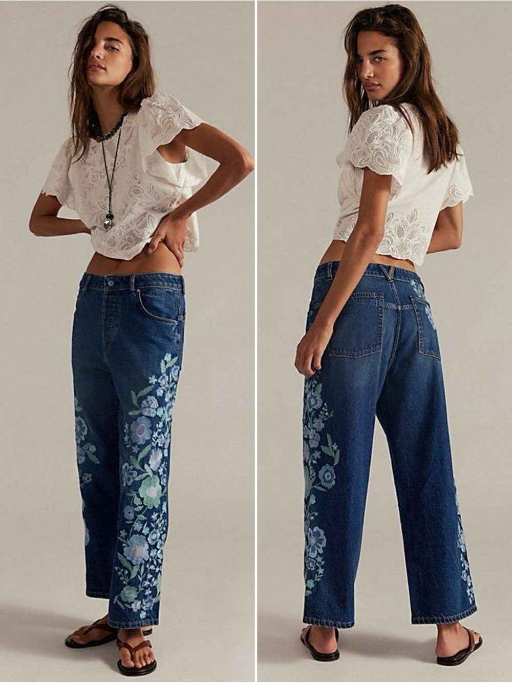Free People Willow Floral Embroidered Jeans Blue Boho Denim Size 25 NWT